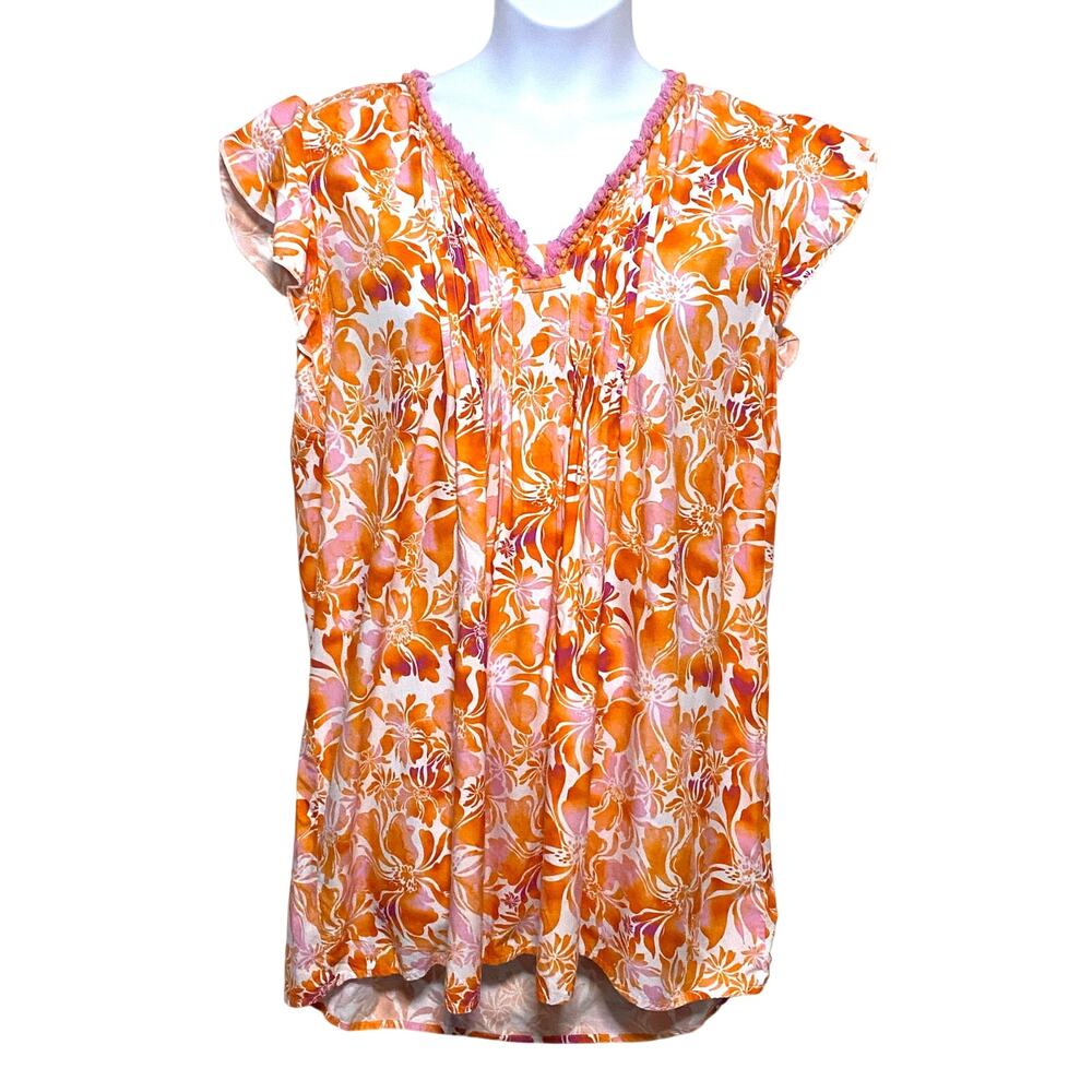 Floral Pintuck Tunic Top Womens XL Orange Pink Hawaiian Tropical Fringe Trim